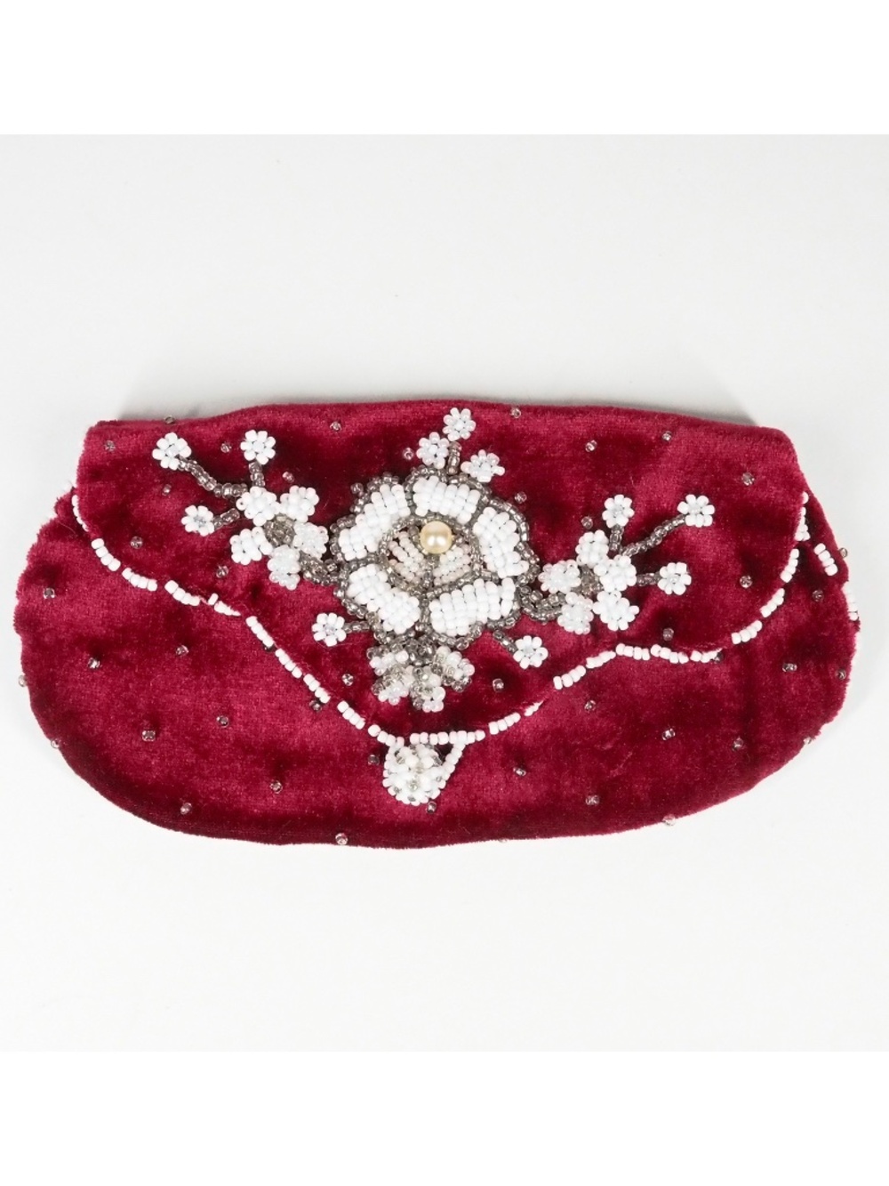 Velvet Pouch Vintage Beaded Satin Handmade Victorian Style Red White Silver goth